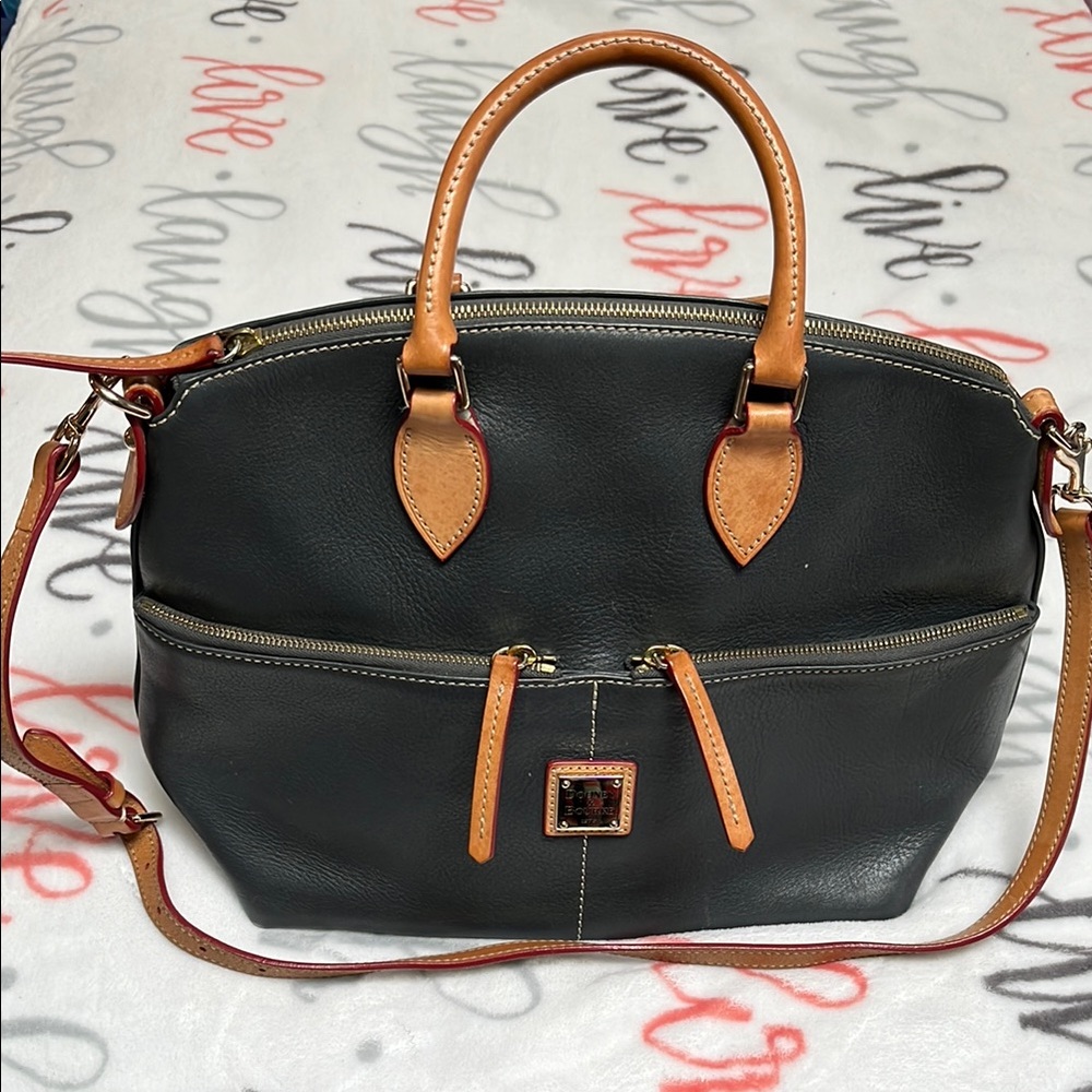 Elegant Gray and Tan Satchel with Structured Shape and Versatile Strap